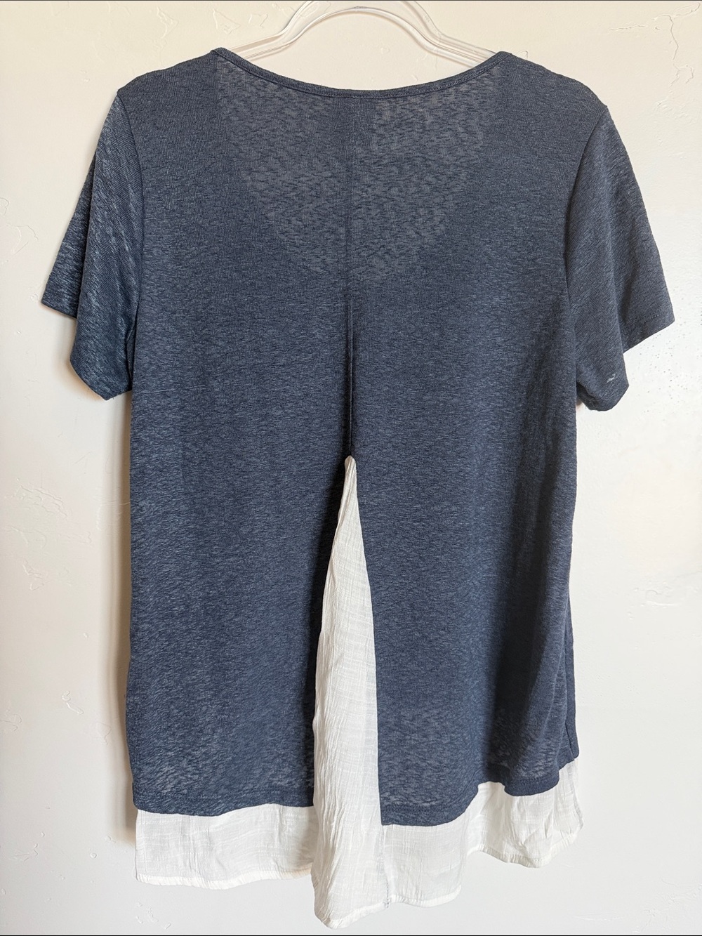 bobeau Slate Blue Short Sleeve Layered Hem Top with White Trim - Picture 5 of 8